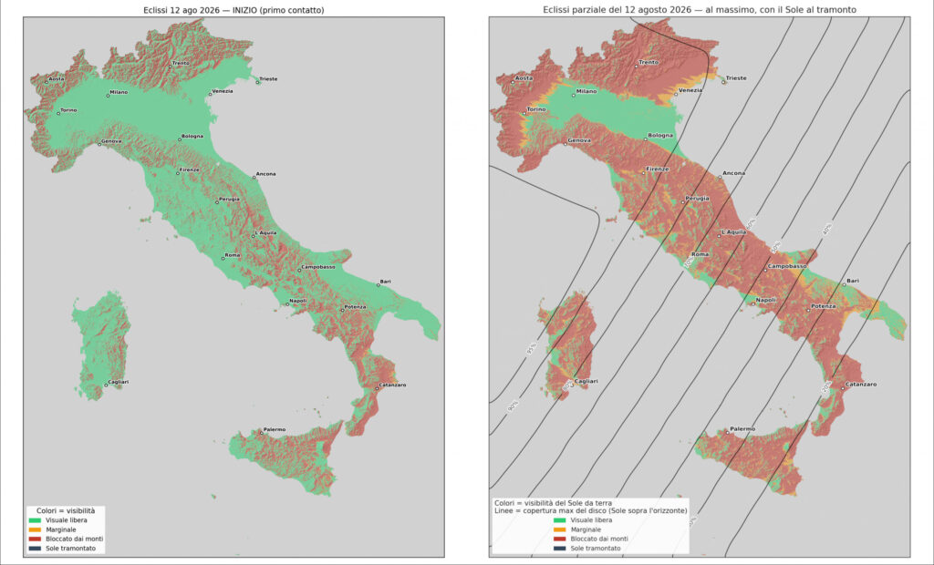 Fig. 2: 12 agosto 2026, l’eclissi di Sole dall’Italia, tenendo in considerazione la presenza di rilievi montuosi che potrebbero ostacolare l’osservazione. A sinistra: visibilità del Sole al momento in cui è previsto l’inizio del fenomeno; a destra la visibilità al momento del picco dell’eclissi, con le percentuali di oscuramento del disco solare. In entrambi i casi, si tiene conto degli specifici orari locali. Credits: INAF/M. Sandri; Modello di elevazione digitale TinItaly 1.1, a cura di Tarquini S., I. Isola, M. Favalli, A. Battistini, G. Dotta (INGV, 2023).